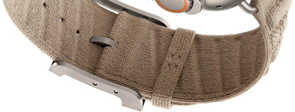 Cinturino En Mer per Apple Watch Hermès Ultra 4, color Argile (marrone chiaro), dettaglio della parte posteriore della chiusura, tessuto a maglia