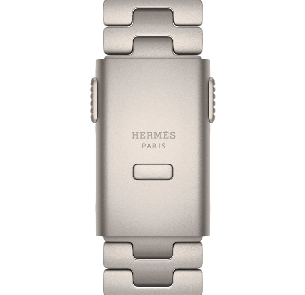 Dettaglio del cinturino Grand H Titane per Apple Watch Hermès Ultra 4, color Gris Titane, logo Hermès inciso sulla fibbia