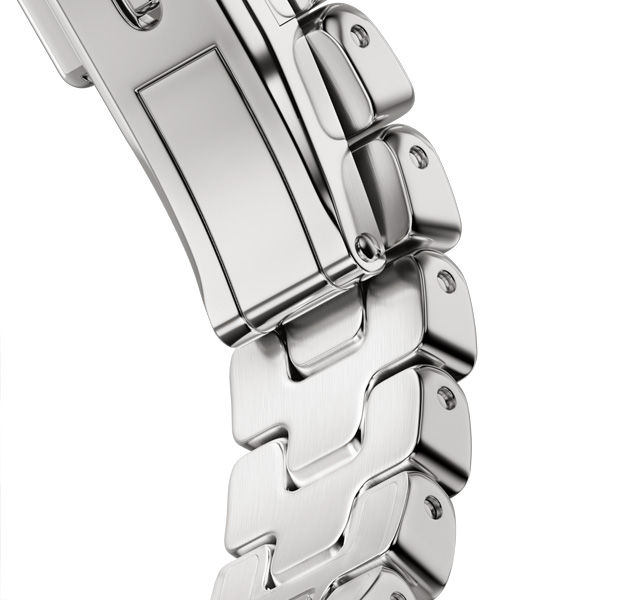 Dettaglio del cinturino Grand H per Apple Watch Hermès Series 12, color Satiné, chiusura che si apre con un clic in metallo