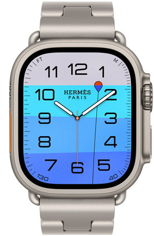 Apple Watch Hermès Ultra 4, quadrante analogico Fathom and Wonder (lancette dell’ora, dei minuti e dei secondi, complicazione Profondità, immagine di una boa arancione che fluttua su un oceano turchese con sfumature da blu chiaro a blu scuro), cassa in titanio naturale, lato destro, Digital Crown, tasto laterale in rilievo, cinturino Grand H Titane color Gris Titane