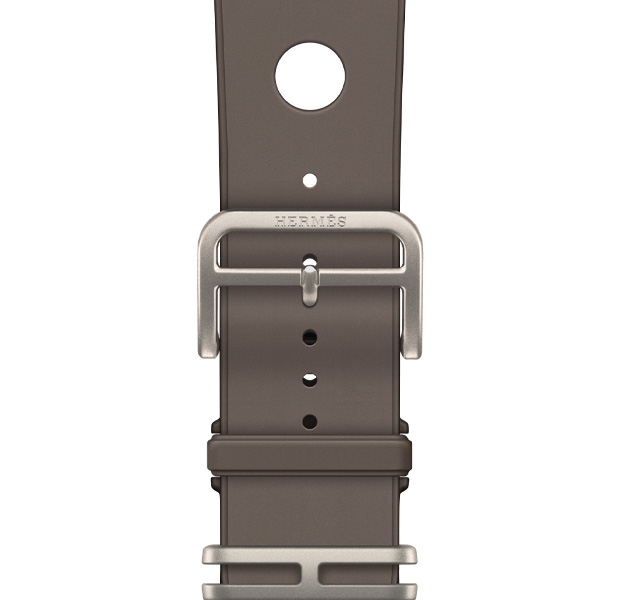 Cinturino Scub’H Diving per Apple Watch Hermès Ultra 4, color Gris Titane (grigio), dettaglio della chiusura, gomma sagomata liscia, aperture circolari al centro