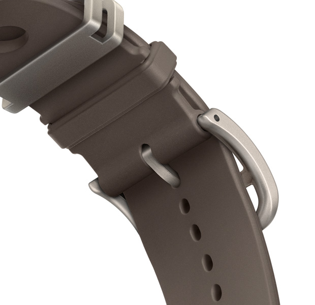 Cinturino Scub’H Diving per Apple Watch Hermès Ultra 4, color Gris Titane (grigio), dettaglio della parte posteriore della chiusura, gomma sagomata liscia, aperture circolari al centro