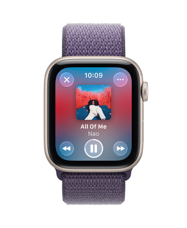 Apple Watch SE 3, aluminum case, starlight color, media playback, Apple Music, right side, Digital Crown, band, Sport Loop, purple fog color