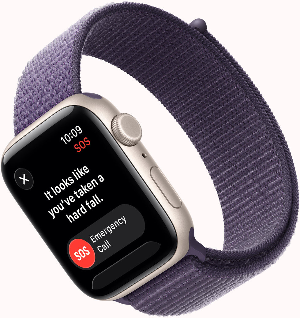 Apple Watch SE 3, aluminium case, starlight colour, SOS Fall Detection notification, emergency call and I’m OK buttons, right side exterior, Digital Crown, microphone, side button, strap, Sport Loop, purple fog colour