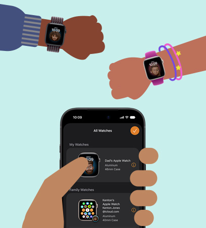 Lasten Apple Watch, sarjakuvamainen piirros lasten ranteista, joissa on Apple Watch SE 3, kun niistä on muodostettu pari vanhemman kädessä olevan iPhonen kanssa
