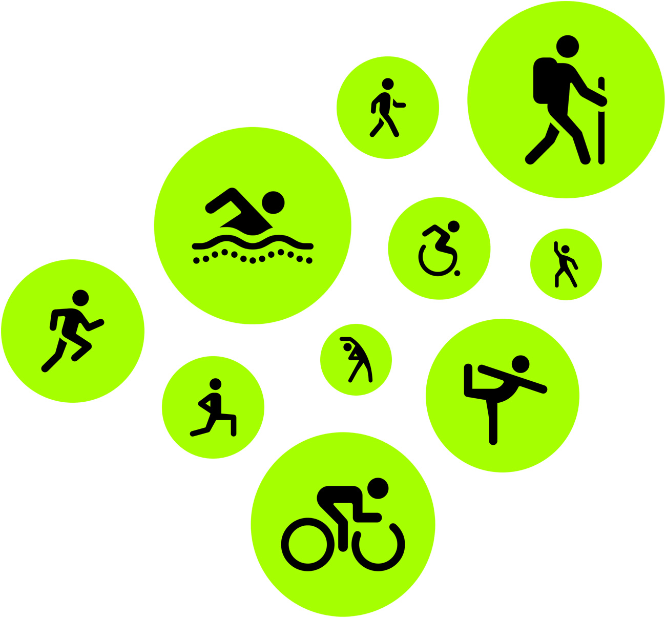 Ícones do app Exercício: corrida, caminhada, nado, trilha, bicicleta, dança, alongamento, yoga