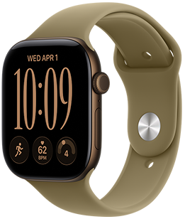 Apple Watch Series 12, aluminium case, dark bronze colour, Modular watch face, complications: day and date, Workouts, heart rate, readiness, right side exterior, Digital Crown, side button, Sport Band, olive colour