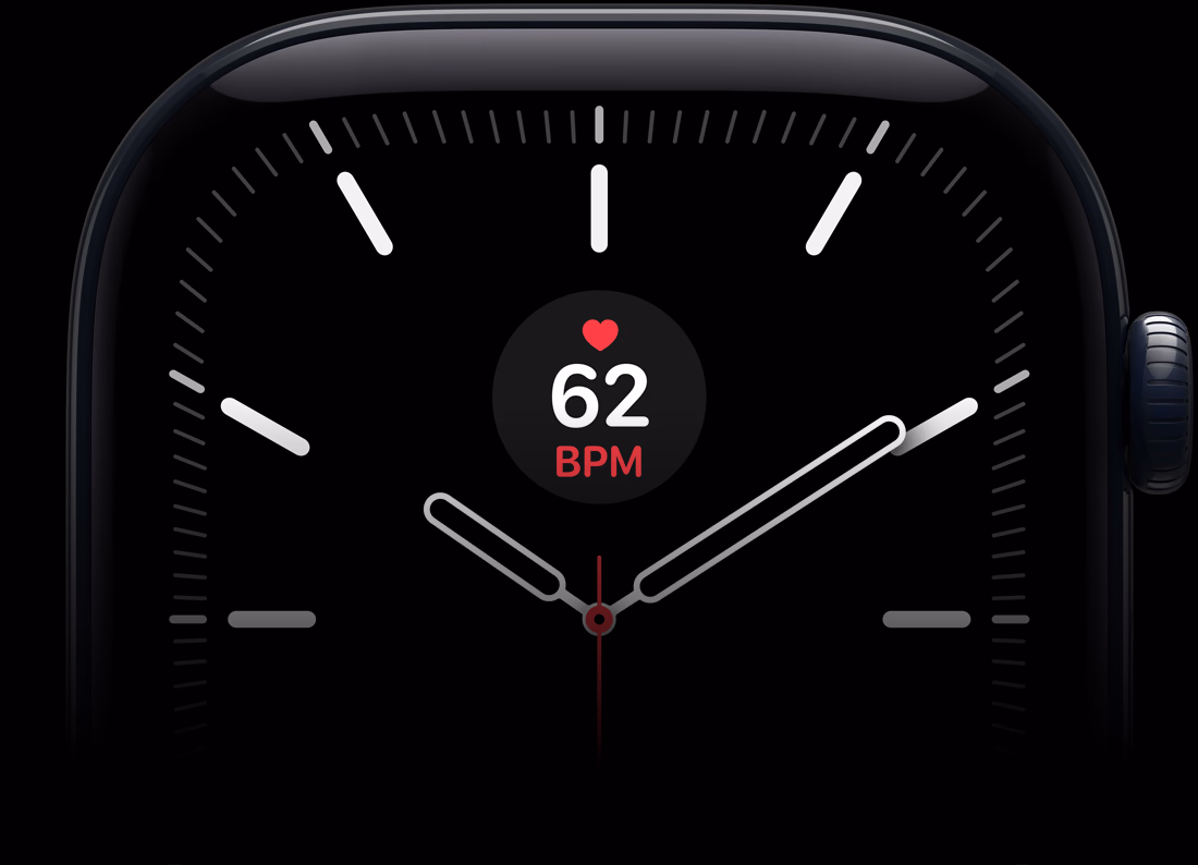 Apple Watch Series 12, pouzdro z černého hlinku, ciferník Meridian s komplikací tepová frekvence, na pravém boku korunka Digital Crown