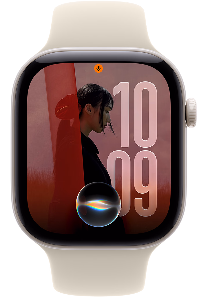 Apple Watch Series 12, vỏ gốm, màu trắng ngọc trai, mặt đồng hồ Ảnh có biểu tượng Siri, mặt ngoài bên phải, Digital Crown, Dây Đeo Thể Thao, màu be cát