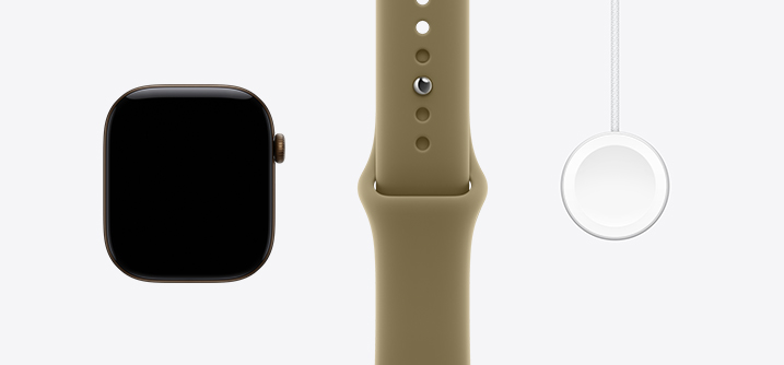 Apple Watch Series 12, caja de aluminio, color bronce oscuro, parte delantera, pantalla de borde a borde, correa deportiva verde oliva, cable de carga rápida magnética con conector USB‑C para el Apple Watch