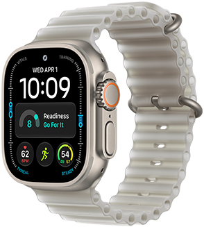 Apple Watch Ultra 4, titanium case, natural colour, Modular watch face, complications: day and date, readiness, heart rate, Run workout, Weather, right side exterior, Digital Crown, raised side button, Ocean Band, translucent grey colour