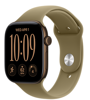 Apple Watch Series 12, aluminium case, dark bronze colour, Modular Compact watch face, complications: day and date, Run workout, heart rate, readiness, right side exterior, Digital Crown, side button, Sport Band, olive colour