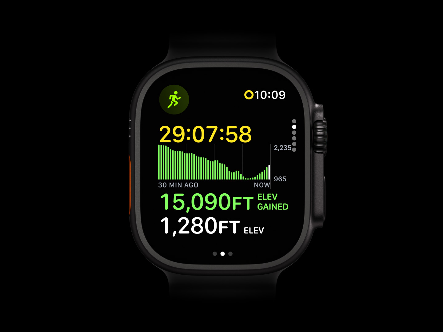 Apple Watch Ultra 4, titanium case, black colour, Outdoor Run Workout showing a graph of elevation gained, right side exterior, Digital Crown, raised side button, translucent grey Ocean Band