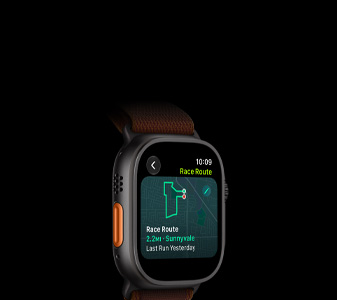 Apple Watch Ultra 4, titanium case, black colour, Race Route feature with a map of a running route, left side exterior, Action button, Alpine Loop strap, burgundy colour