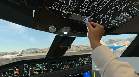 A person’s hand adjusts a control knob in a 3D projection of a plane’s cockpit