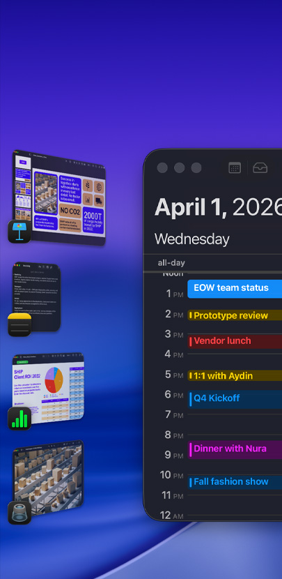Various iOS apps displayed on a desktop including, most prominently, the Calendar app. It features a schedule for the day.