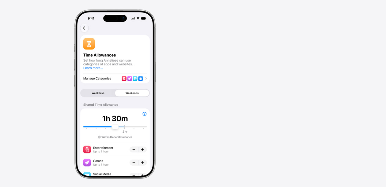 iPhone displaying Time Allowance interface, including a shared time allowance of one hour and 30 minutes, and suggested allowances for app categories like entertainment, games and social media.
