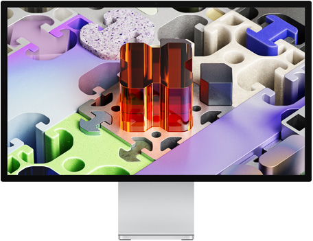 Parte frontal del Studio Display XDR con un fondo de pantalla tridimensional con diseño de rompecabezas