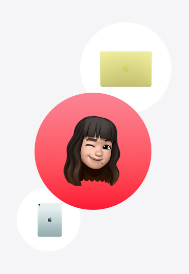 MacBook, iPad, omkring en Memoji i rød cirkel.
