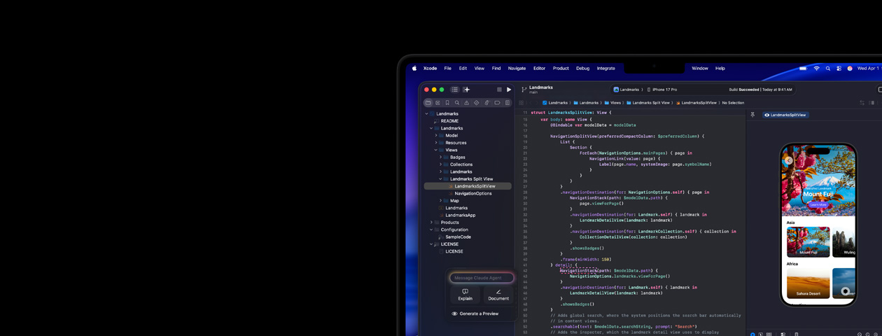 Xcode ejecutándose en una Mac, con el asistente de programación con IA Claude Agent y una vista previa de una app en un iPhone
