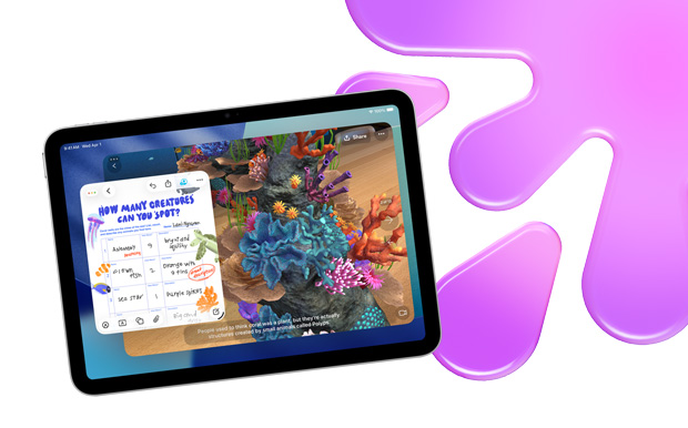 iPad che mostra una caccia al tesoro a tema acquario creata con Freeform e JigSpace per mettere in evidenza le funzionalità creative