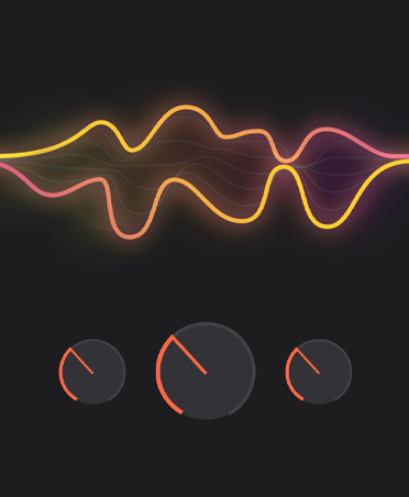 Screen with yellow, pink, orange sound waves, three gray circles with red partial outline, sound editing