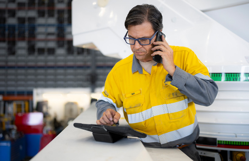 Een medewerker in een bedrijfsmagazijn houdt een iPhone tegen zijn oor terwijl hij op een iPad werkt