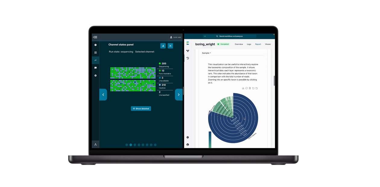En MacBook som viser Oxford Nanopore-appen for DNA-sekvensering.