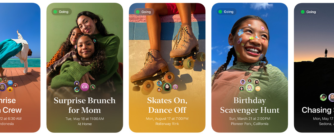 Reihe von Apple Einladungen mit bunten individuellen Fotos für Veranstaltungen namens Überraschungsbrunch für Mama, Schlittschuhlaufen und Tanzen und Geburtstags-Schnitzeljagd