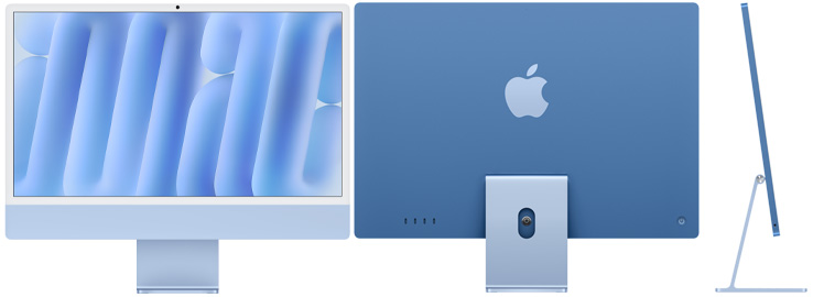 iMac w kolorze niebieskim z przodu, z tyłu i z boku