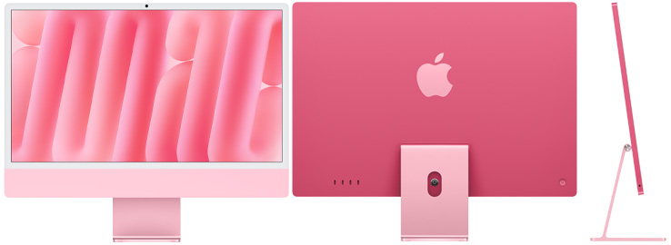 iMac w kolorze różowym z przodu, z tyłu i z boku
