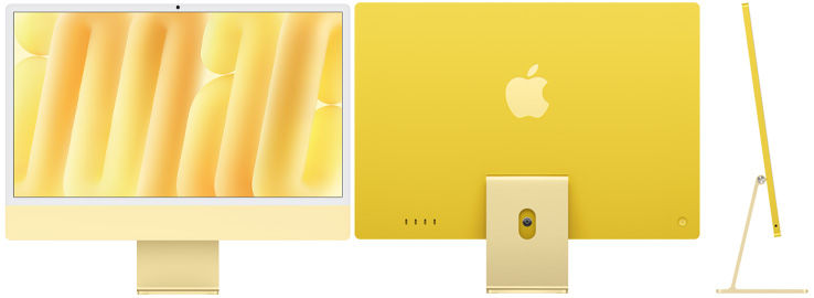 iMac w kolorze żółtym z przodu, z tyłu i z boku