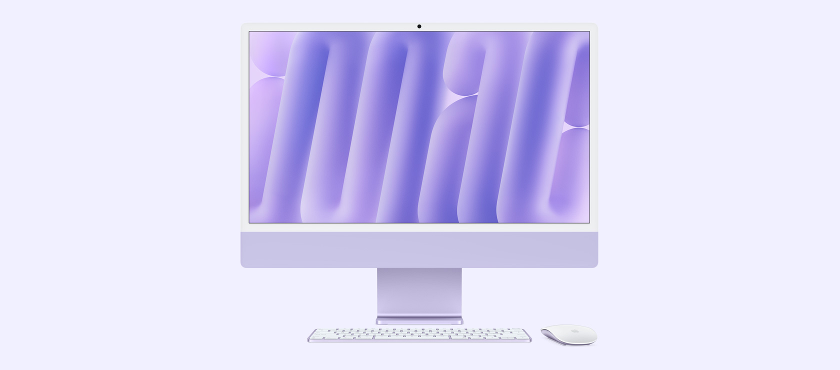 Violetinės spalvos „iMac“ su spalvą atitinkančia pele ir klaviatūra vaizdas iš priekio