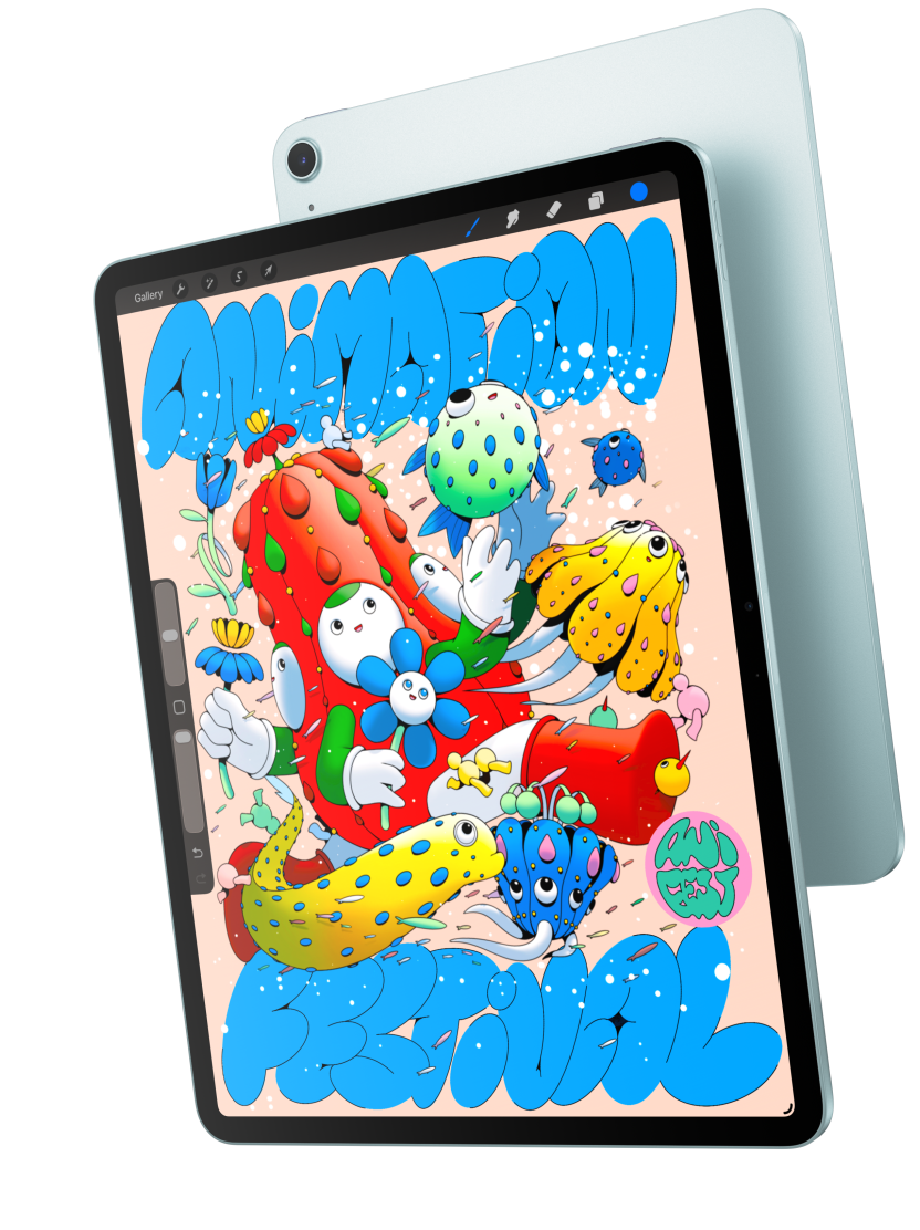 Vue avant d’un iPad Air 13 pouces affichant Procreate, superposé au dos d’un iPad Air bleu