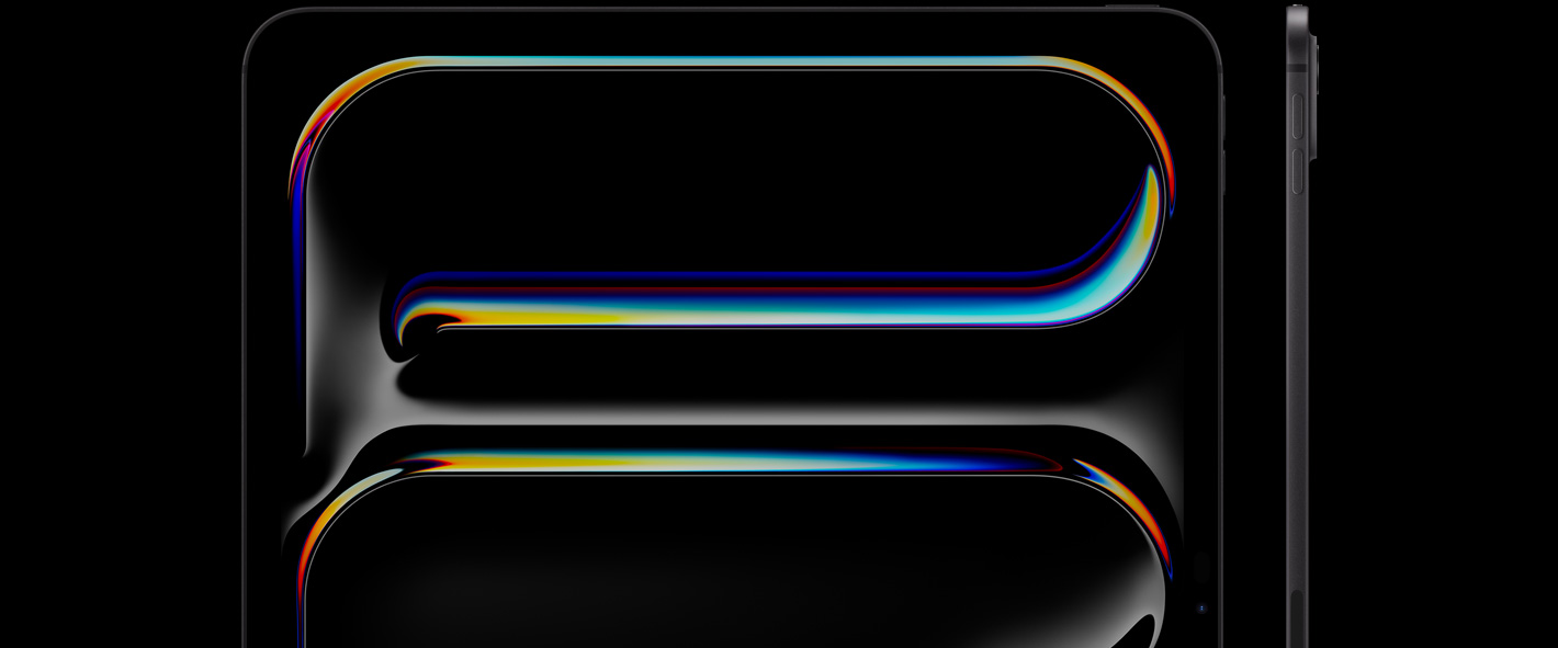 iPad Pro, front exterior, portrait orientation, space black color, rounded corners, black display bezel, display showing multicolored, curved line art, at right, iPad Pro, side exterior, portrait orientation, thin design, volume-up button, volume-down button, raised pro camera system