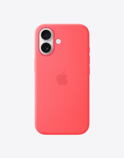 iPhone 17, back exterior with silicone case in Bright Guava, Dual Fusion Camera System in top left corner, Apple logo centered