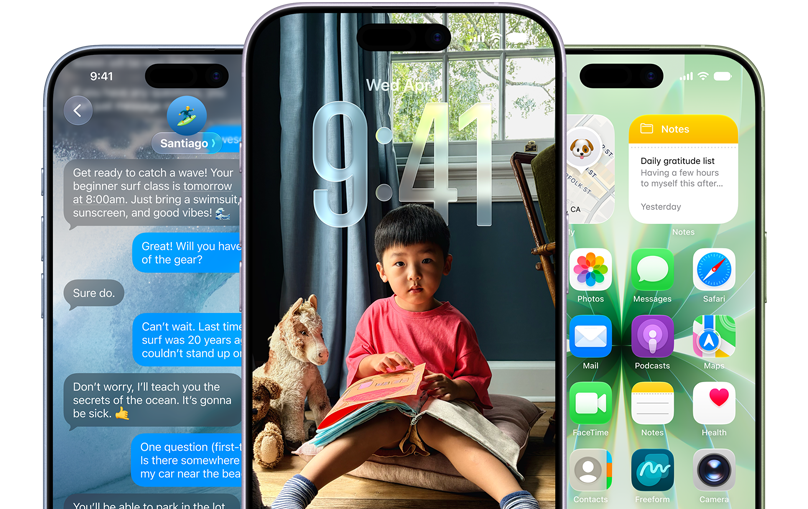 Tres dispositivos iPhone 17. La pantalla de cada uno muestra, respectivamente, Mensajes, la pantalla de bloqueo y la pantalla de inicio