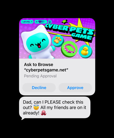 Ecrã a mostrar uma mensagem de texto com captura de ecrã do site cyberpetsgame.net, os botões Recusar e Aprovar por baixo da imagem, texto da mensagem, em inglês: Pai, podes ver isto? Todos os meus amigos já estão a jogar