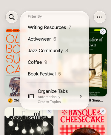 Browser Safari no iPhone a mostrar o menu Filtrar com categorias como Recursos de escrita, Roupa desportiva, Comunidade de jazz, Café e Feira do livro, com a opção Organizar automaticamente selecionada