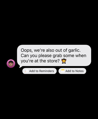 Uma mensagem iMessage recebida com dois botões de ação sugeridos na parte inferior com o texto: Adicionar aos Lembretes e Adicionar às Notas