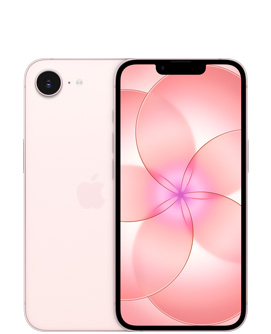 iPhone 17e, face arrière, coloris rose pastel, caméra Fusion en haut à gauche, logo Apple centré, face avant, coloris rose pastel, design tout écran