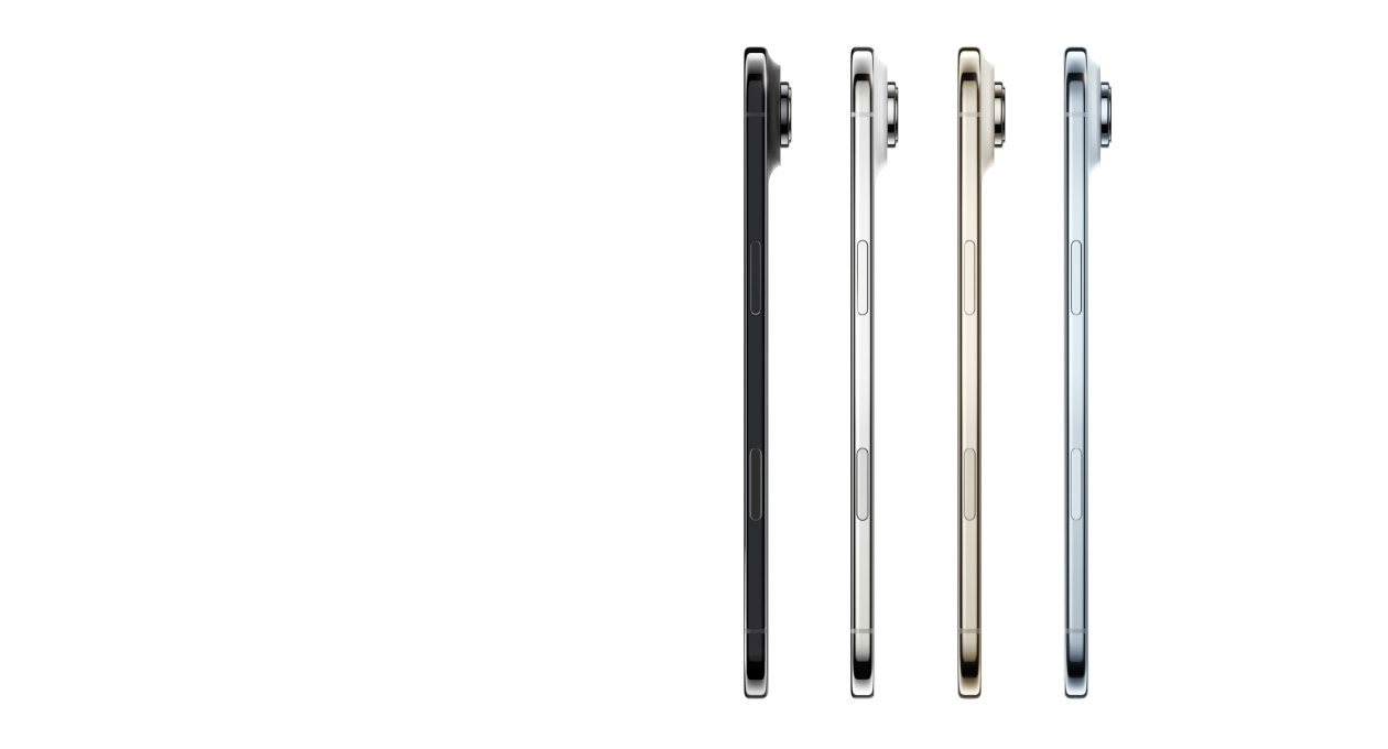 iPhone Air, side exterior, colors: Sky Blue, Light Gold, Cloud White, and Space Black, very thin profile, Fusion camera system, buttons: side, Camera Control