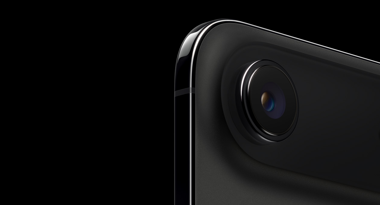 iPhone Air, back exterior, Space Black color, top rounded corner, single-lens Fusion camera system