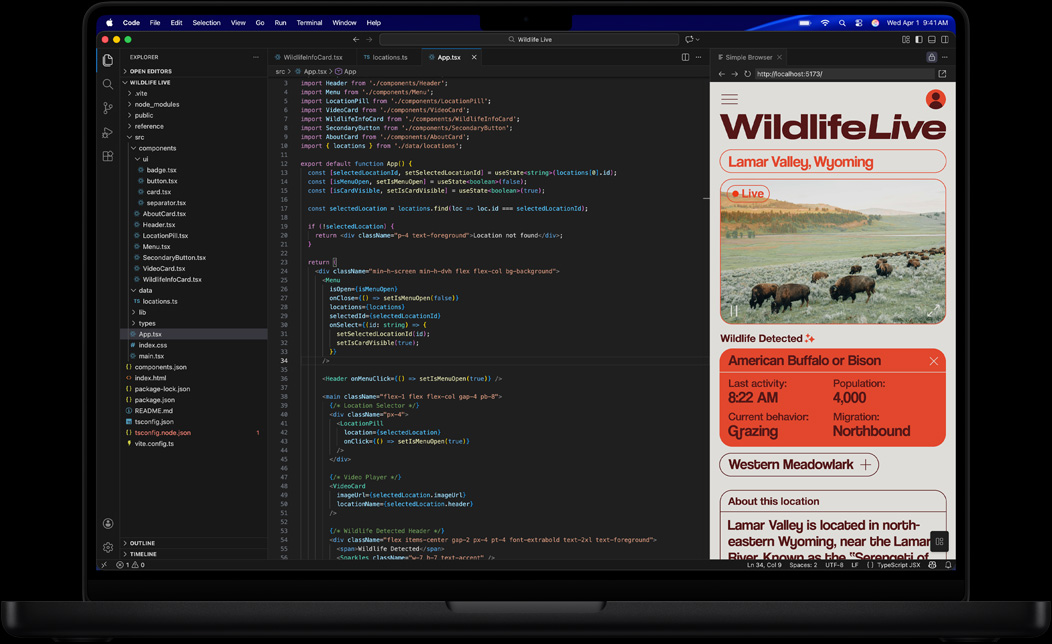 Pantalla de una MacBook Pro que muestra a una persona programando una app con Visual Studio Code