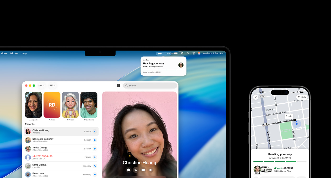 Una MacBook Pro y un iPhone lado a lado, la pantalla de la MacBook Pro muestra la app Teléfono y Actividades en Vivo de la app Uber, el iPhone muestra la app Uber