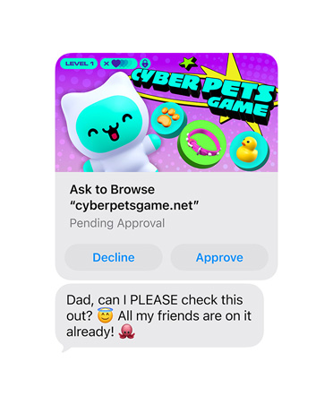 Écran affichant un SMS avec une capture d’écran de cyberpetsgame.net, boutons Refuser et Approuver sous l’image, texte du message, Papa, je peux aller sur ce site s’il te plaît, tout le monde y joue déjà