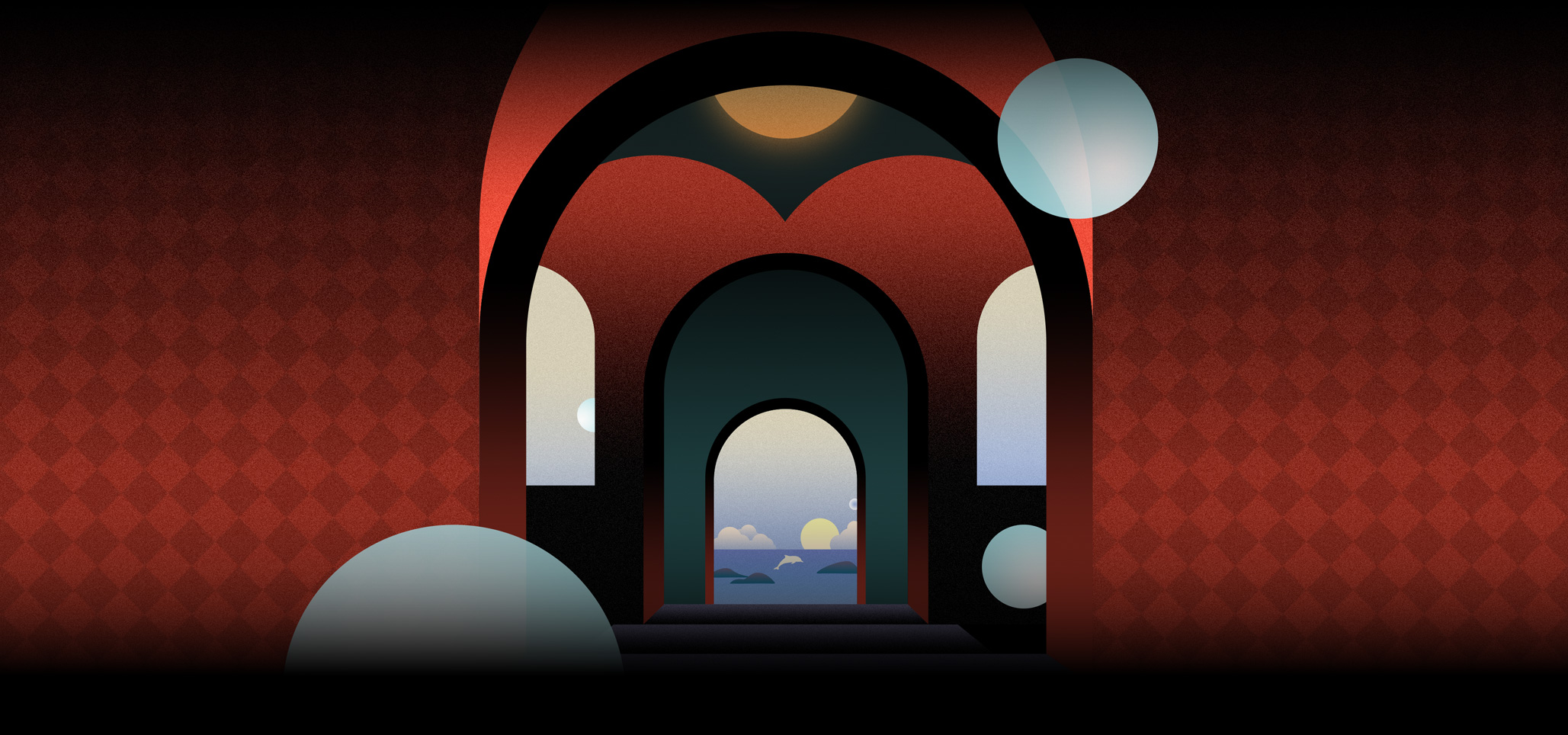 Highly stylized illustration of building interior