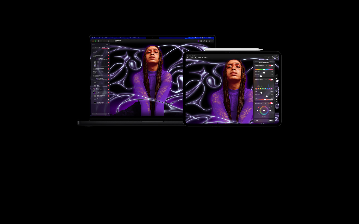Image of person with braids and wearing a purple sweater with stylized abstract background, moves into MacBook Pro 16 and iPad Pro 13 devices, screens show the Pixelmator Pro workspace with layers panel on the side, image editing