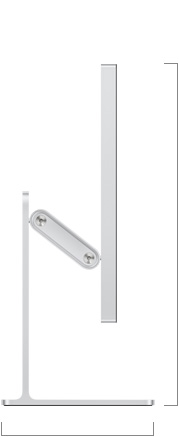 Vue latérale du Studio Display XDR avec support à inclinaison et hauteur réglables, indiquant la hauteur de l’écran en position basse