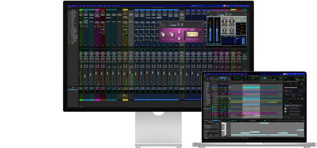 Notebook Mac ao lado do Studio Display mostrando uma sessão no Pro Tools com a integração Splice. O vidro nano-texture ajuda a reduzir o reflexo na tela escura do programa